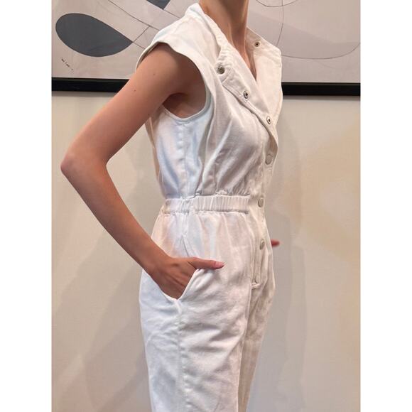 En Saison White Denim Asymmetrical Anthropologie Utility Cropped Jumpsuit XS - Picture 5 of 8